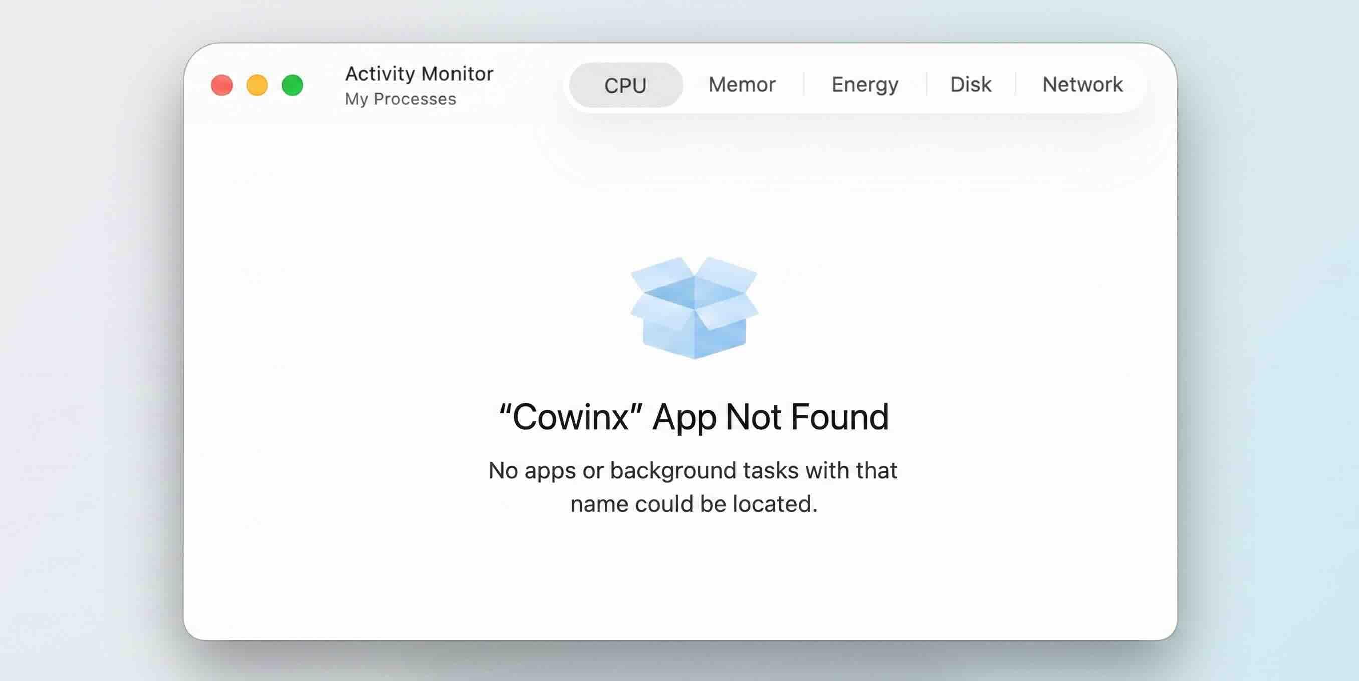 Activity Monitor search showing no process named Cowinx