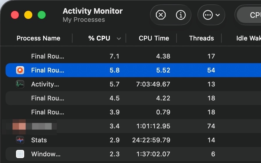 Final Round AI in Activity Monitor: four processes whose names all begin with Final Rou…, the product's own name