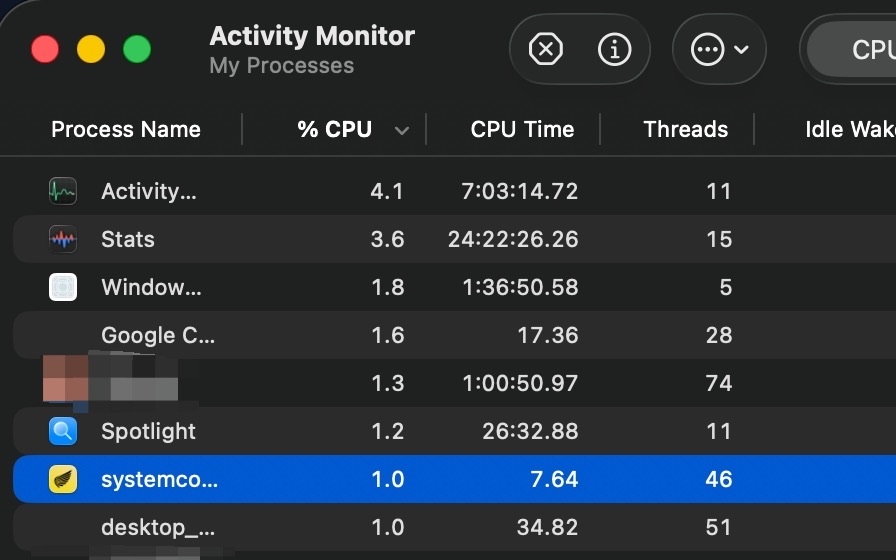 Interview Coder in Activity Monitor: a selected row named systemco…, written to read as a part of macOS