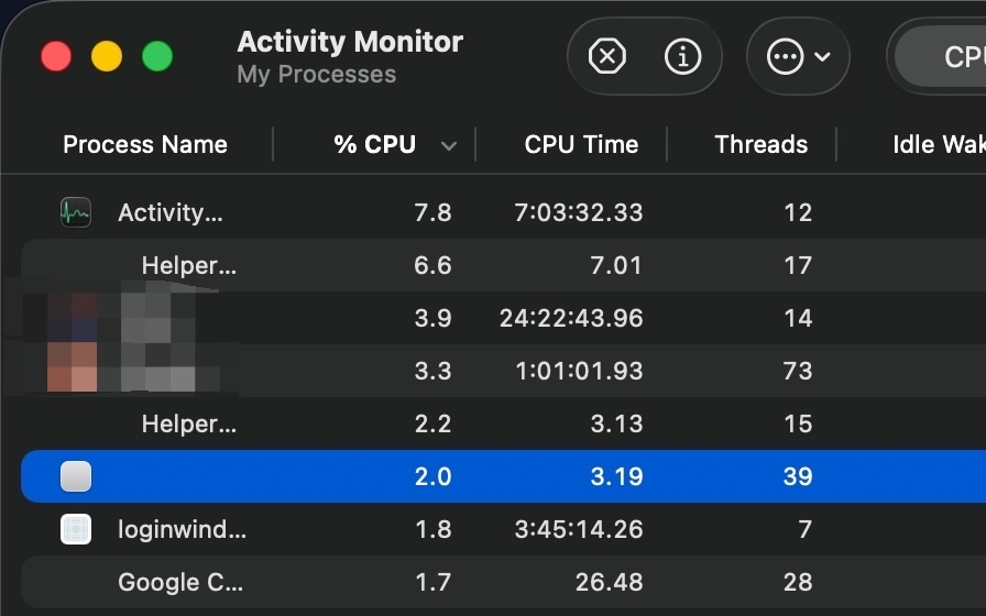 LockedIn AI in Activity Monitor: a selected row whose process name column is blank, next to a generic placeholder icon