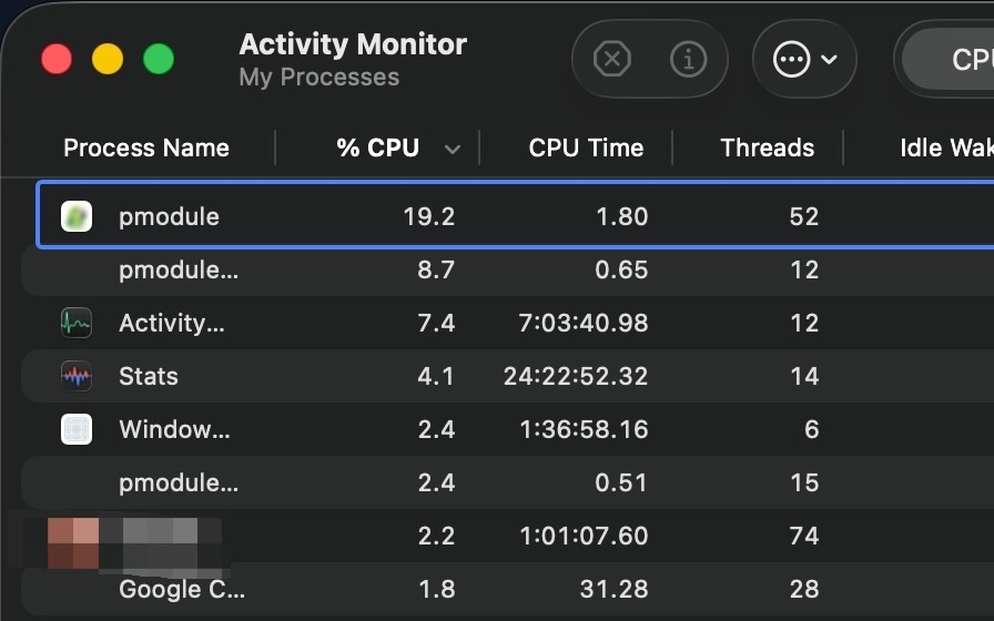 Parakeet AI in Activity Monitor: a process named pmodule at the top of the CPU column, with several pmodule helper processes under it