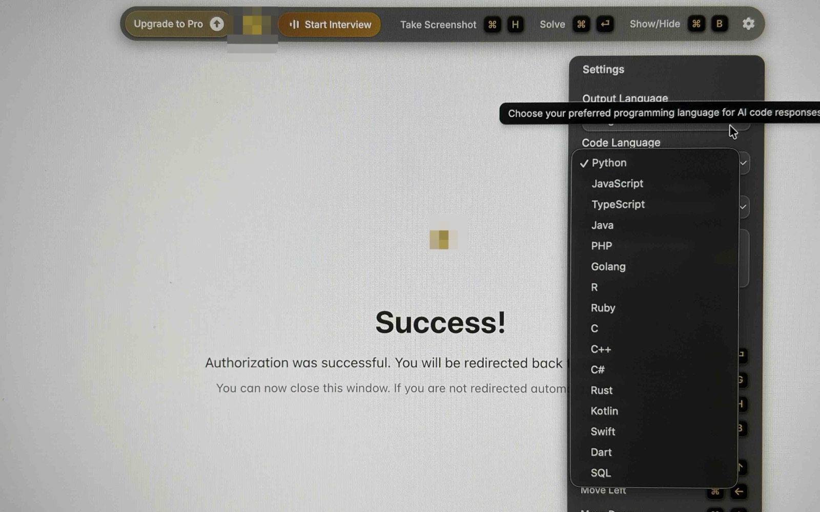 Phone photo of the candidate's screen: an assistant's toolbar across the top, its settings panel open at the right, and a language dropdown open over the settings panel
