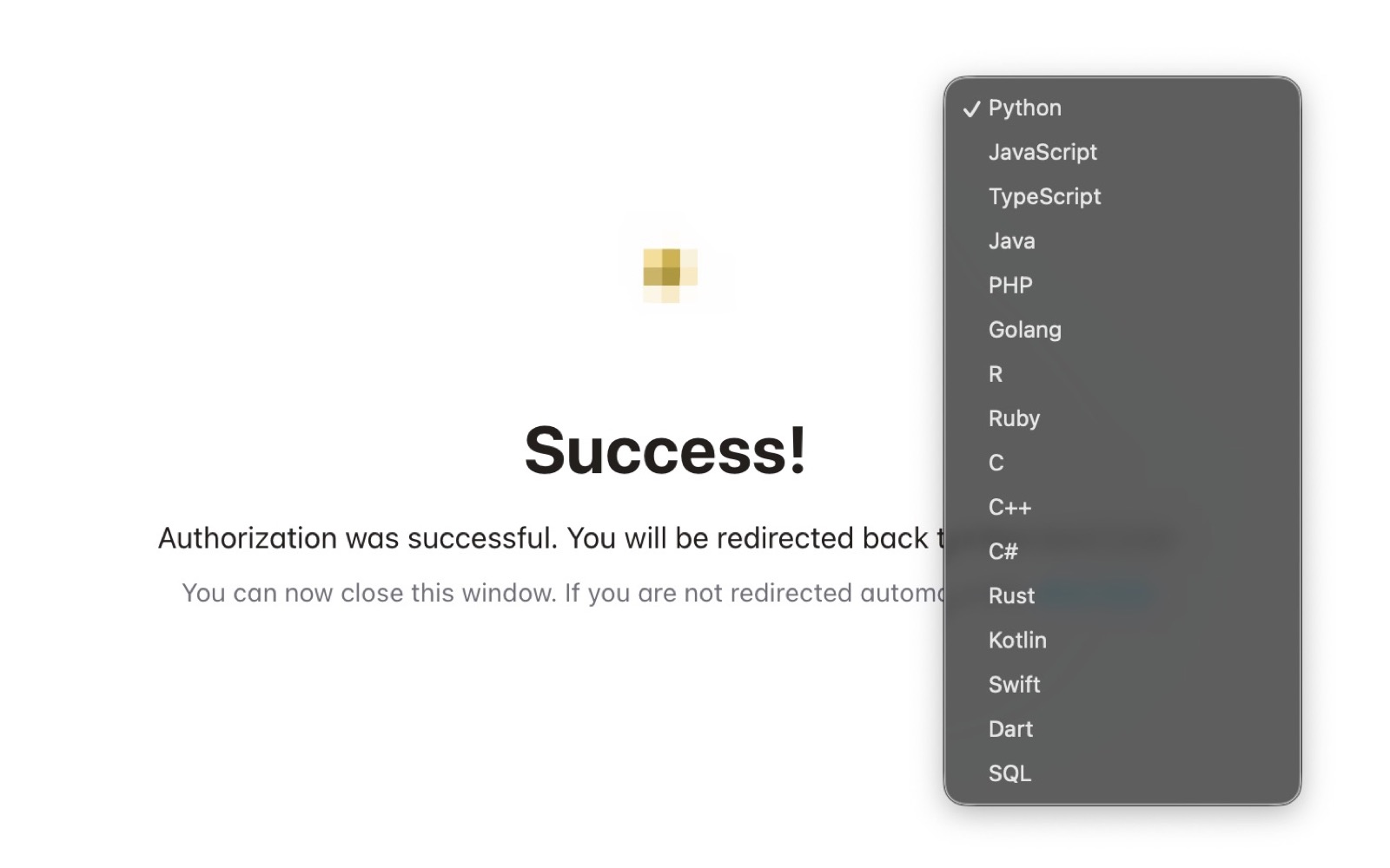 The same moment in the shared screen recording: the toolbar and settings panel are gone, but the language dropdown is still there in full