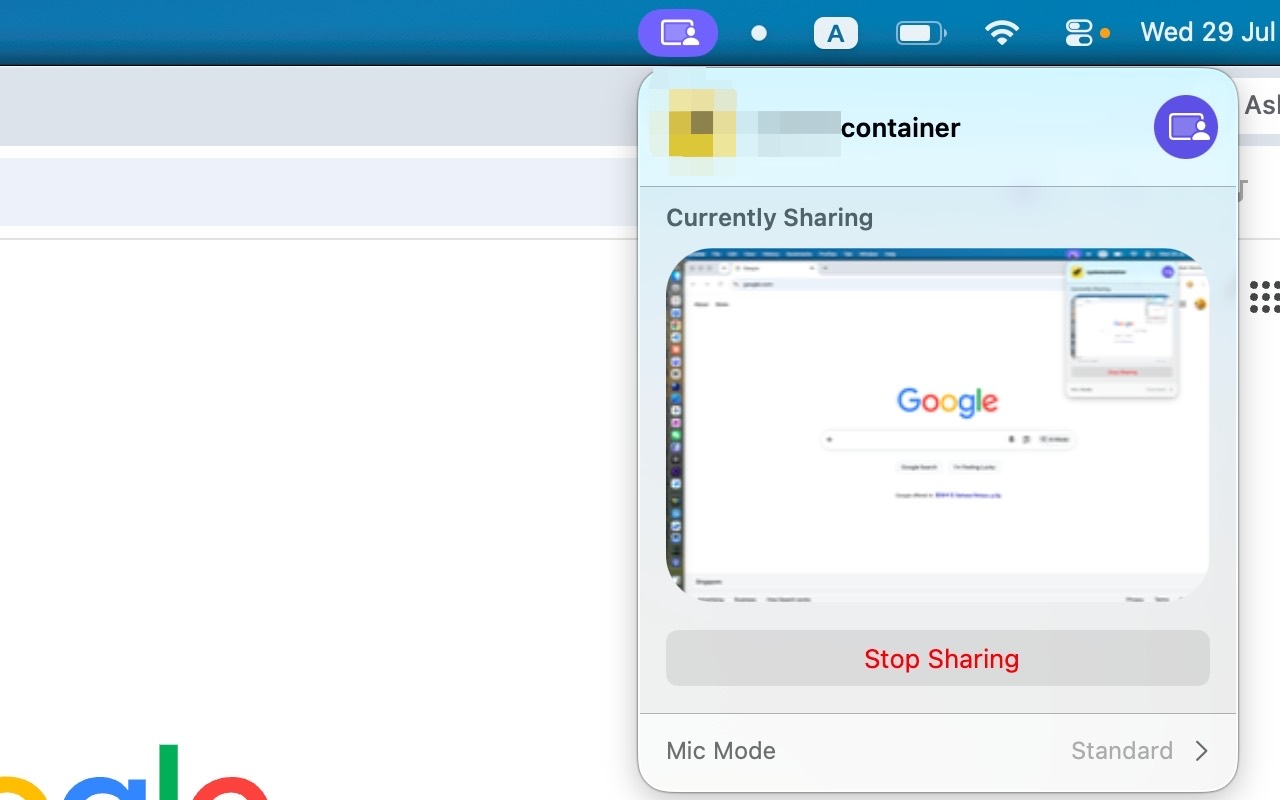 The macOS menu bar sharing indicator, opened: a Currently Sharing panel with a live thumbnail of the shared screen and a Stop Sharing button