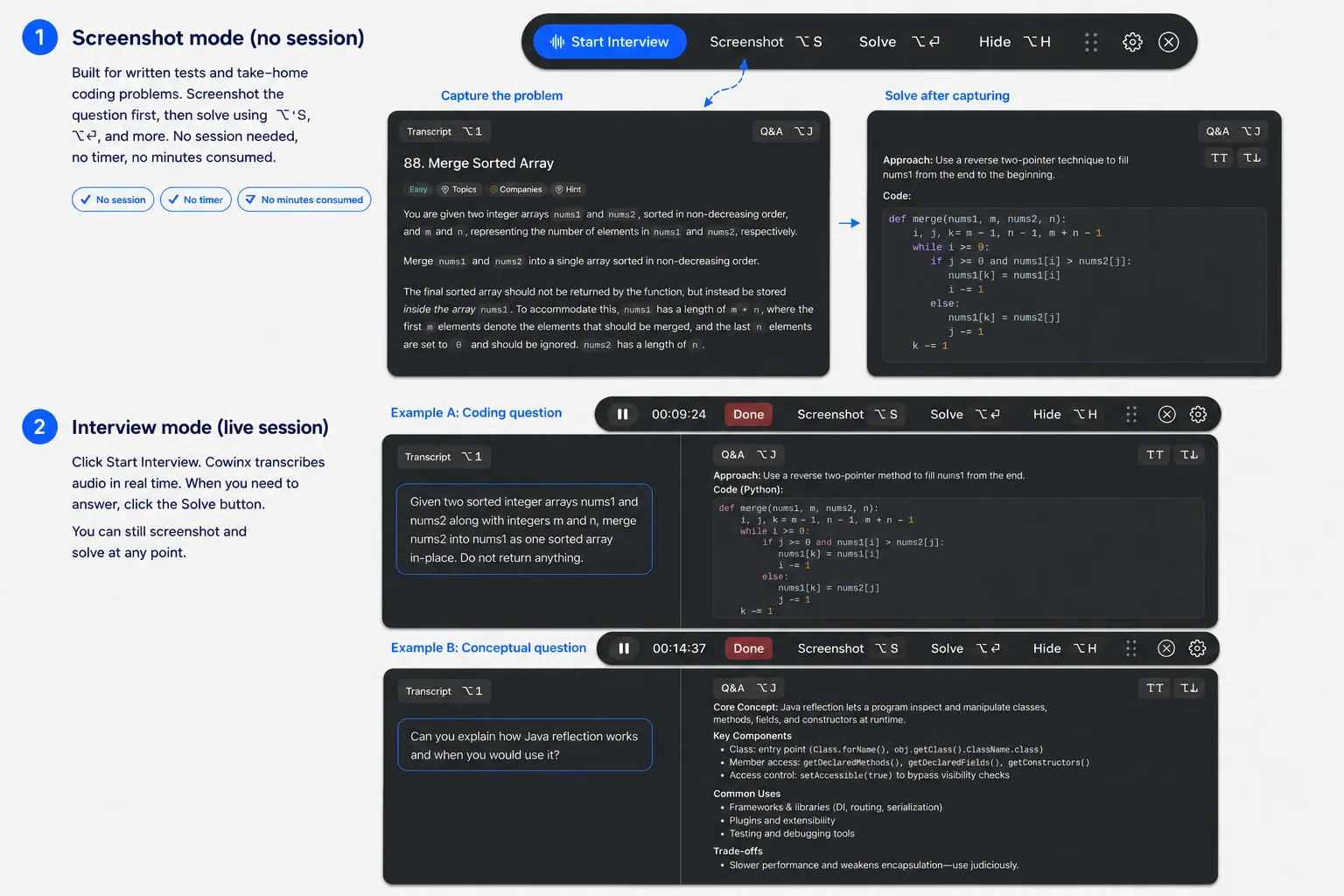 Cowinx mode comparison showing screenshot solving and live interview solving