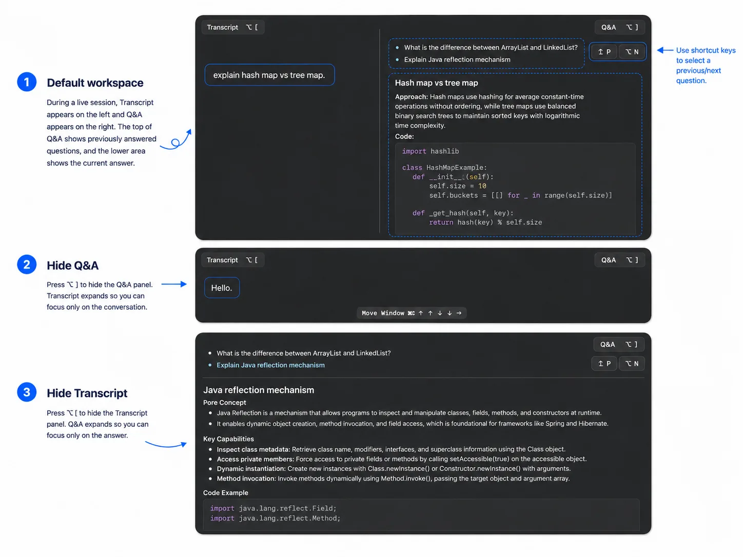 Cowinx workspace annotated with transcript, question history, Q&A answer, and screenshot strip