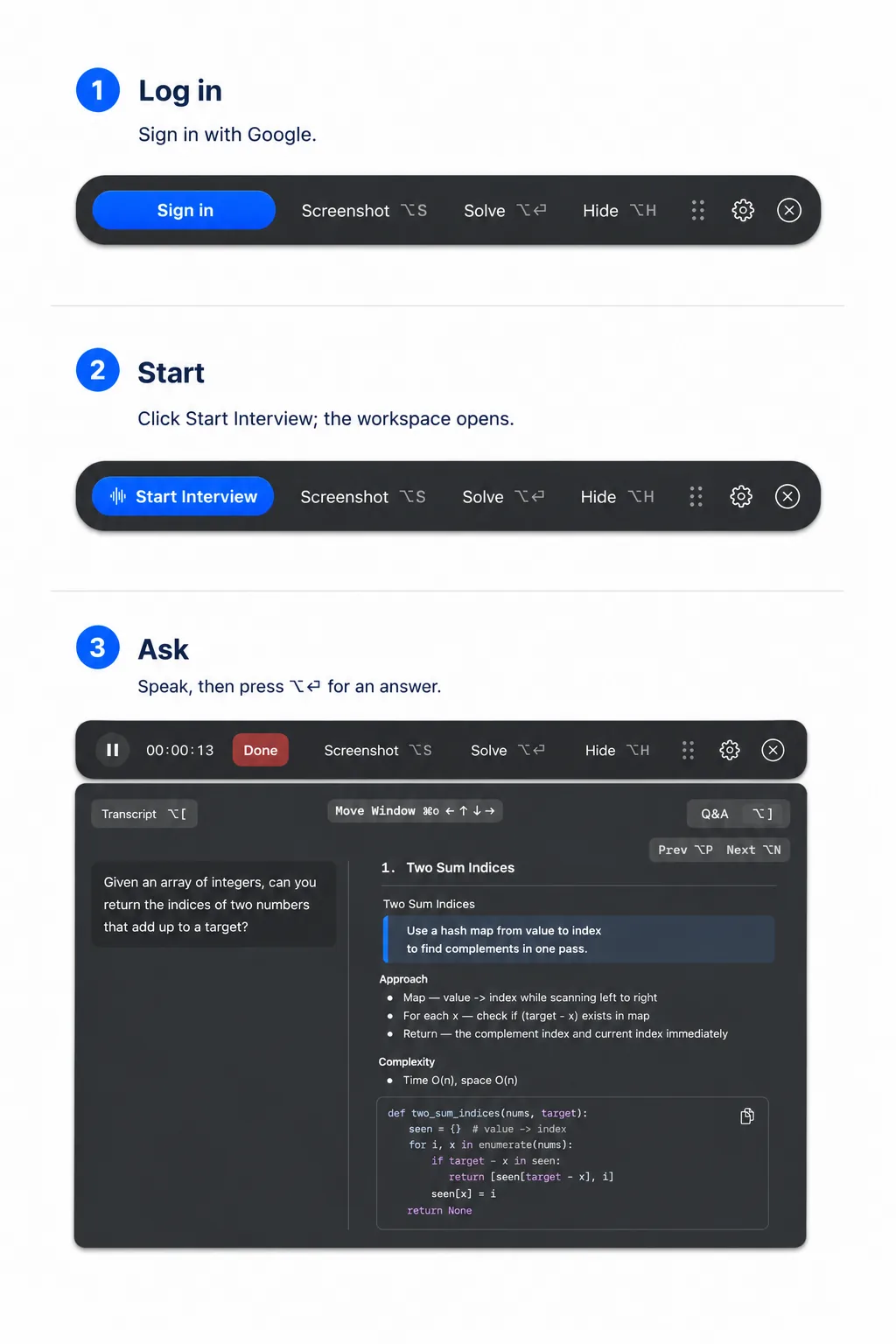 Three-step Cowinx first session sequence: log in with Google, start the interview, then speak and ask for an answer
