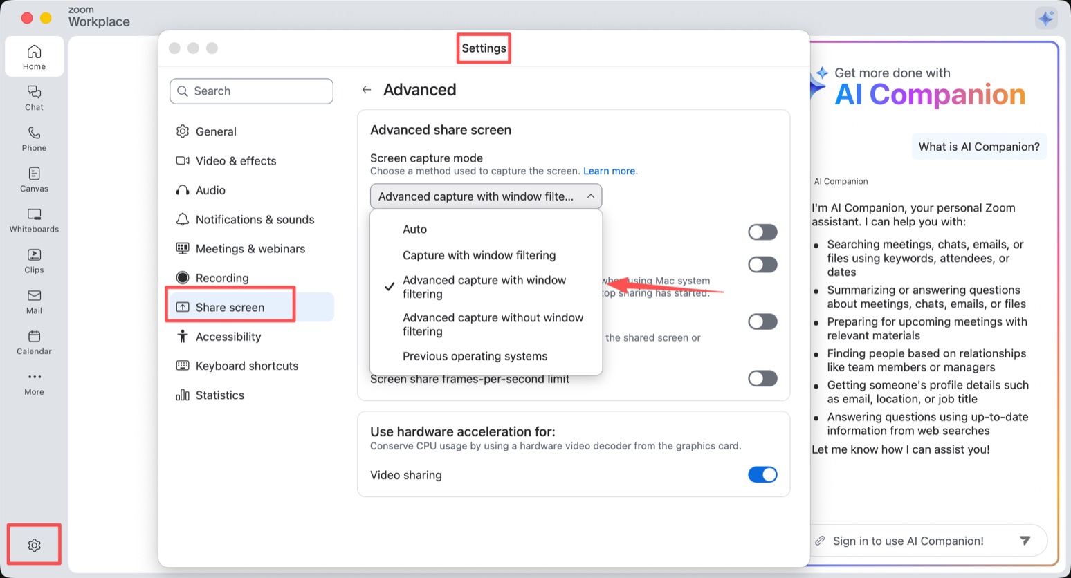 Zoom Settings → Share Screen → Advanced → select Advanced capture with window filtering as the screen capture mode